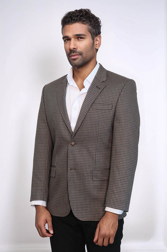 Men’s Brown Micro-Checkered 4 Drop Classic Fit Notch Lapel Sport Blazer