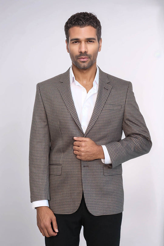 Men’s Brown Micro-Checkered 4 Drop Classic Fit Notch Lapel Sport Blazer