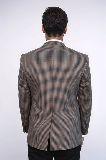 Men’s Brown Micro-Checkered 4 Drop Classic Fit Notch Lapel Sport Blazer