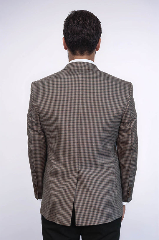 Men’s Brown Micro-Checkered 4 Drop Classic Fit Notch Lapel Sport Blazer