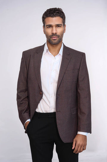 Men’s Burgundy Micro-Checkered 4 Drop Classic Fit Notch Lapel Sport Blazer