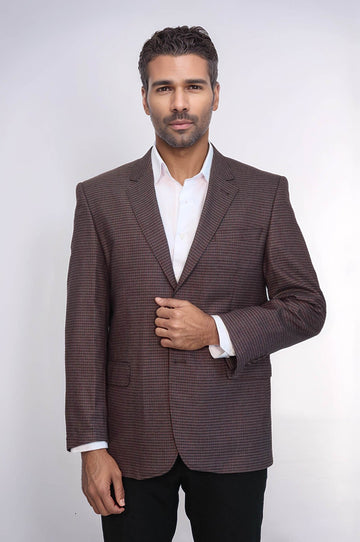 Men’s Burgundy Micro-Checkered 4 Drop Classic Fit Notch Lapel Sport Blazer