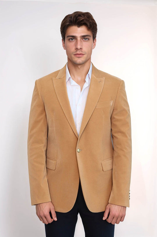 Men’s Apricot Velvet Slim Fit Wide Peak Lapel Blazer