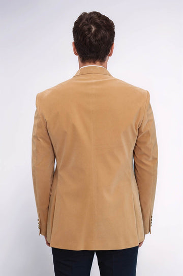 Men’s Apricot Velvet Slim Fit Wide Peak Lapel Blazer