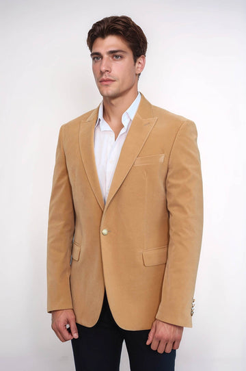 Men’s Apricot Velvet Slim Fit Wide Peak Lapel Blazer