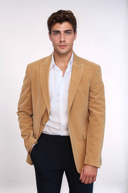 Men’s Apricot Velvet Slim Fit Wide Peak Lapel Blazer