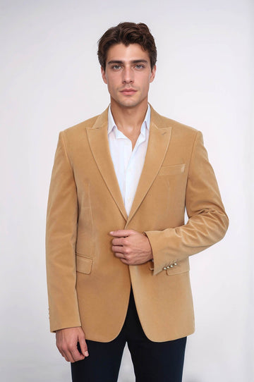 Men’s Apricot Velvet Slim Fit Wide Peak Lapel Blazer