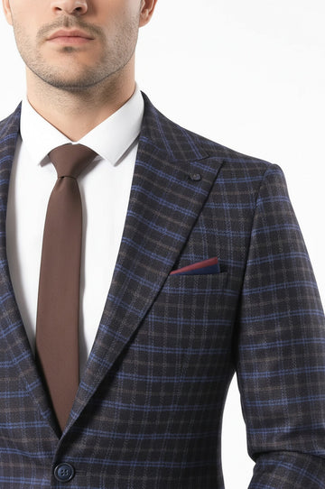 Men’s Chocolate Brown & Royal Blue Windowpane Slim Fit Notch Lapel Sport Blazer