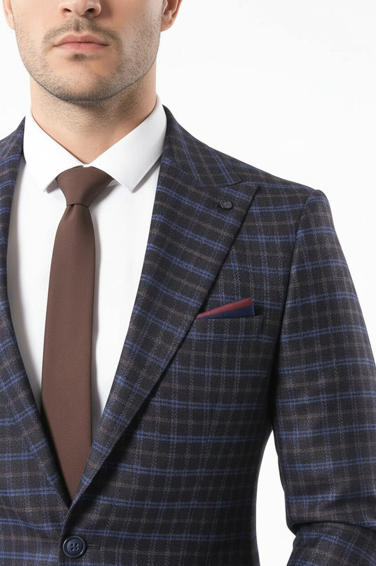 Men’s Chocolate Brown & Royal Blue Windowpane Slim Fit Notch Lapel Sport Blazer