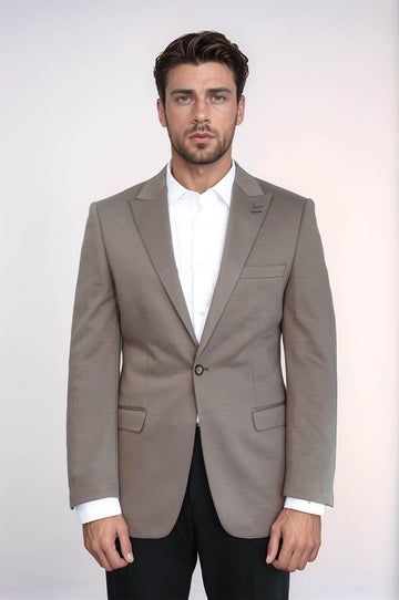 Men’s Beige Plain Slim Fit Peak Lapel Sport Blazer