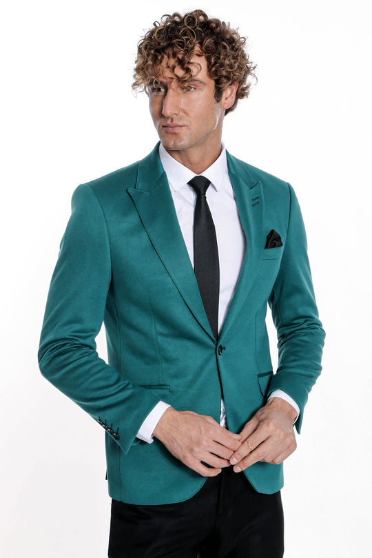 Men’s Petrol Green Cotton Slim Fit Peak Lapel Blazer
