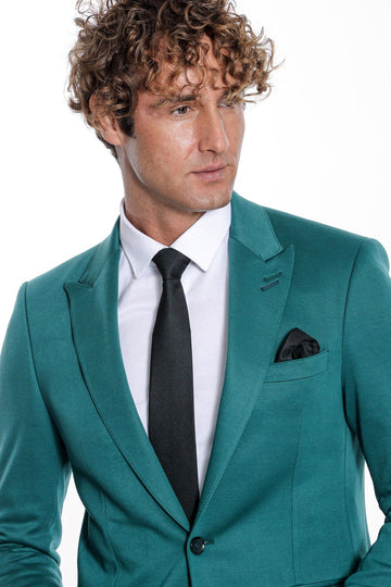 Men’s Petrol Green Cotton Slim Fit Peak Lapel Blazer