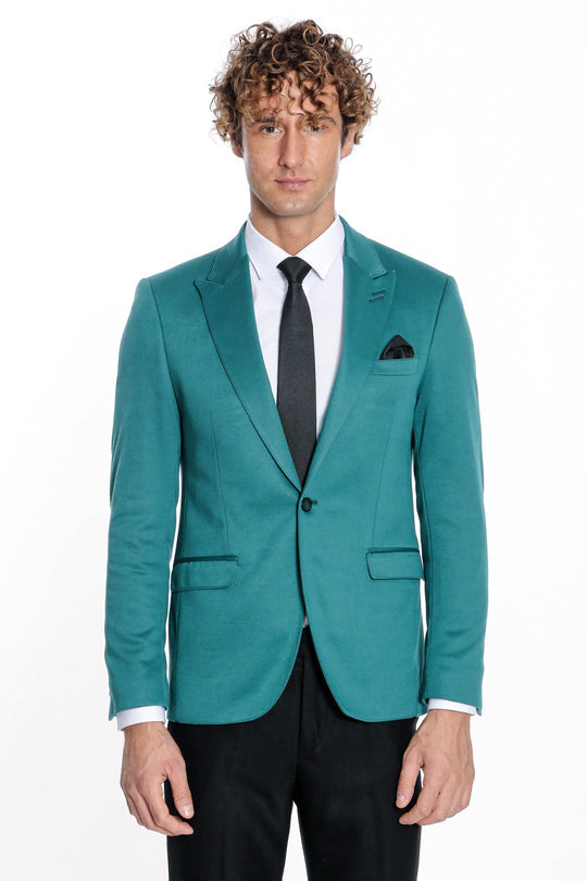 Men’s Petrol Green Cotton Slim Fit Peak Lapel Blazer