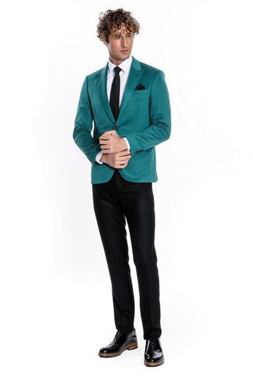 Men’s Petrol Green Cotton Slim Fit Peak Lapel Blazer