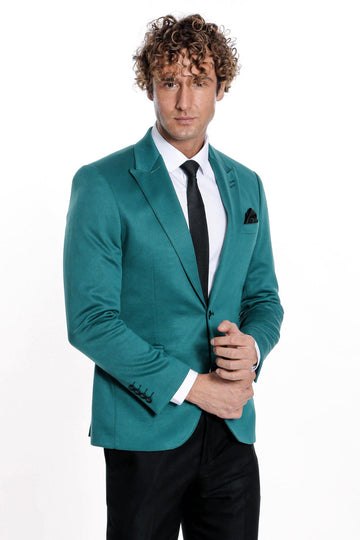 Men’s Petrol Green Cotton Slim Fit Peak Lapel Blazer