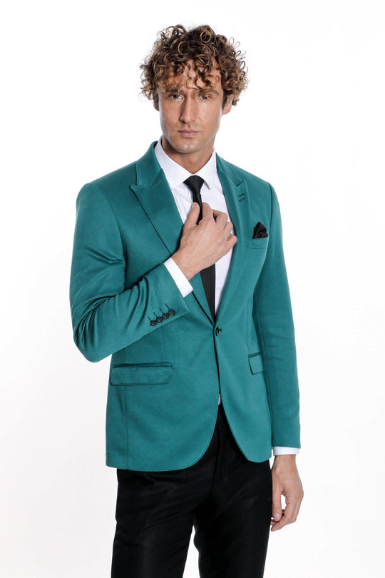 Men’s Petrol Green Cotton Slim Fit Peak Lapel Blazer