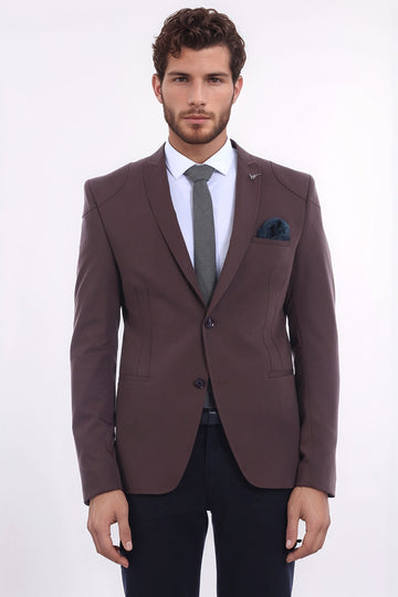Men’s Brown Cotton Slim Fit 2-Button Jacket with Shoulder Seam Detail