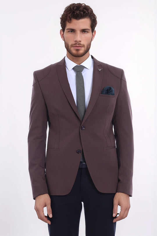 Men’s Brown Cotton Slim Fit 2-Button Jacket with Shoulder Seam Detail