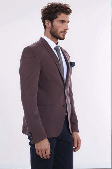 Men’s Brown Cotton Slim Fit 2-Button Jacket with Shoulder Seam Detail