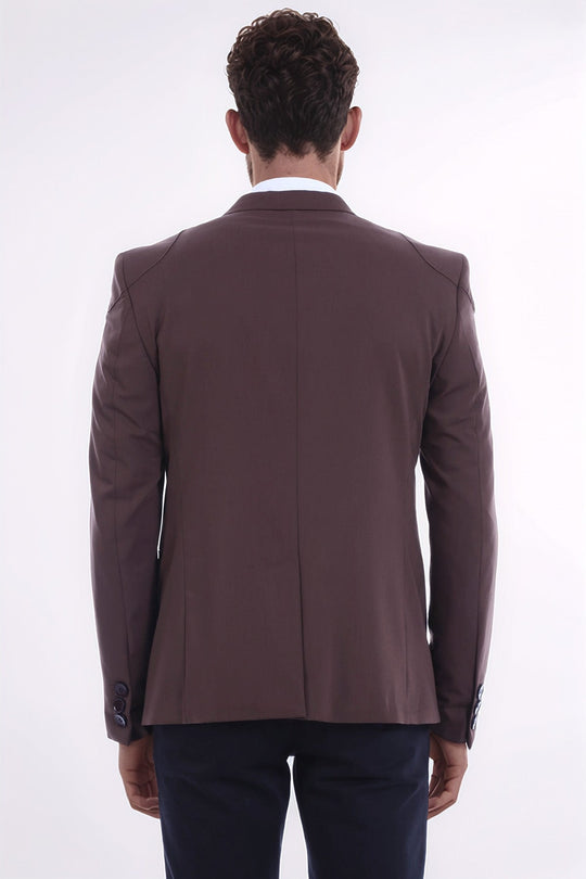 Men’s Brown Cotton Slim Fit 2-Button Jacket with Shoulder Seam Detail