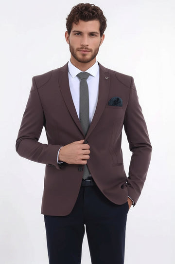 Men’s Brown Cotton Slim Fit 2-Button Jacket with Shoulder Seam Detail