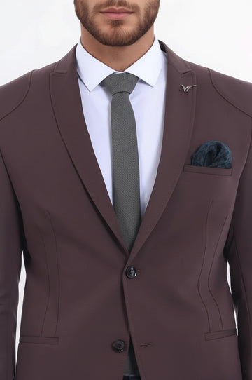 Men’s Brown Cotton Slim Fit 2-Button Jacket with Shoulder Seam Detail