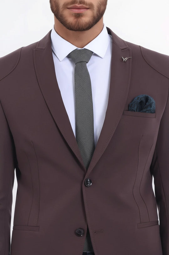 Men’s Brown Cotton Slim Fit 2-Button Jacket with Shoulder Seam Detail
