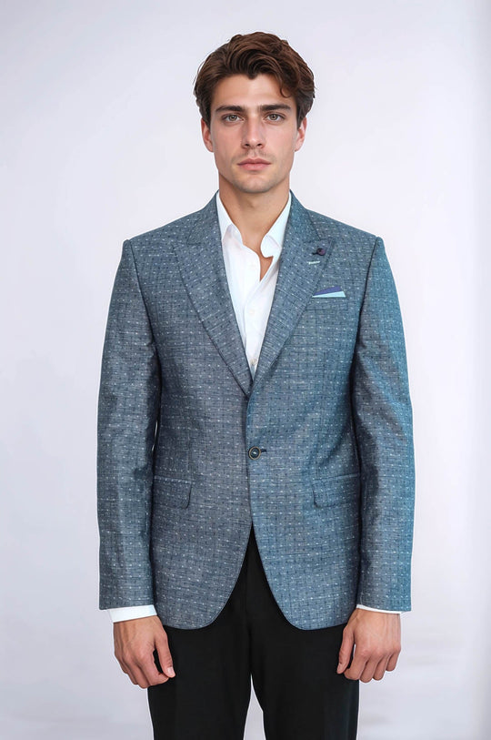 Men’s Navy Blue Linen-Blend Dot Patterned Slim Fit Peak Lapel Sport Blazer
