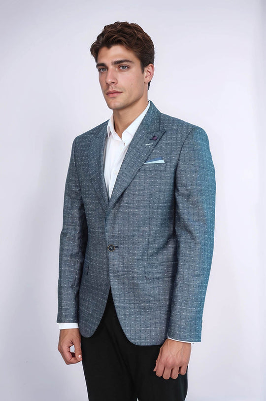 Men’s Navy Blue Linen-Blend Dot Patterned Slim Fit Peak Lapel Sport Blazer