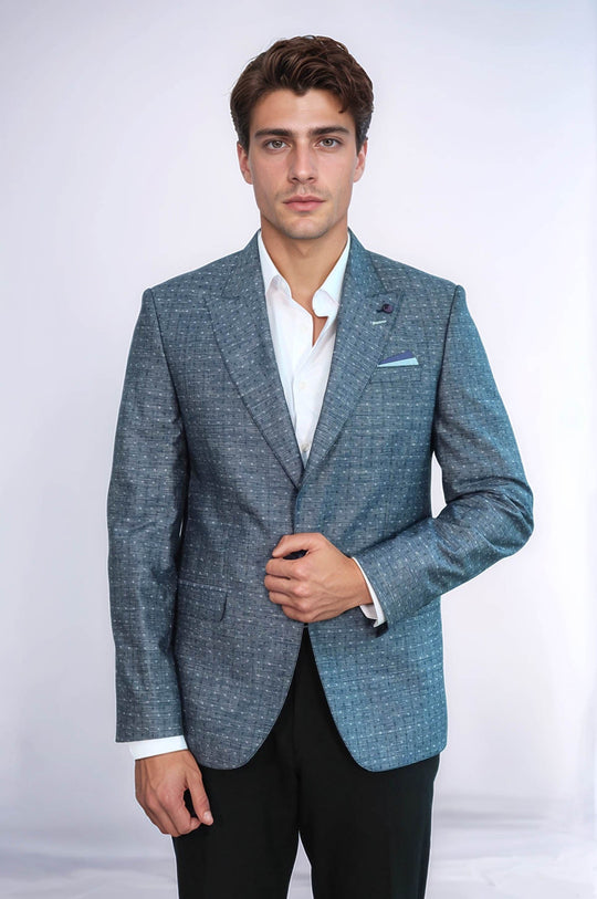 Men’s Navy Blue Linen-Blend Dot Patterned Slim Fit Peak Lapel Sport Blazer