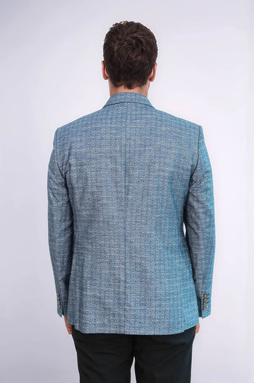 Men’s Navy Blue Linen-Blend Dot Patterned Slim Fit Peak Lapel Sport Blazer