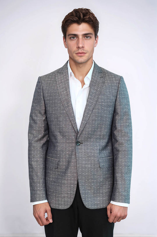 Men’s Grey Linen-Blend Micro-Dot Slim Fit Notch Lapel Sport Blazer
