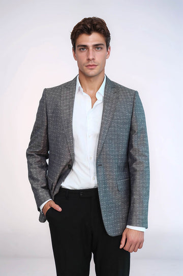 Men’s Grey Linen-Blend Micro-Dot Slim Fit Notch Lapel Sport Blazer