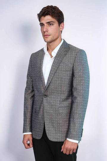Men’s Grey Linen-Blend Micro-Dot Slim Fit Notch Lapel Sport Blazer