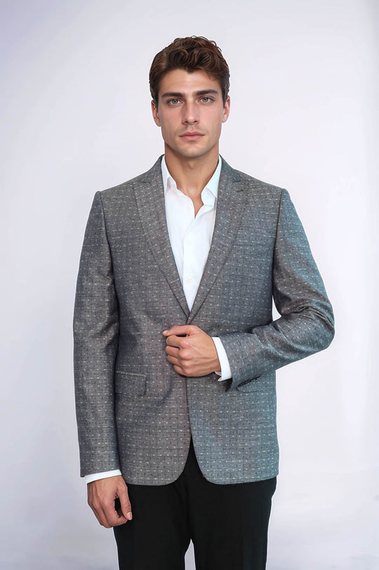 Men’s Grey Linen-Blend Micro-Dot Slim Fit Notch Lapel Sport Blazer