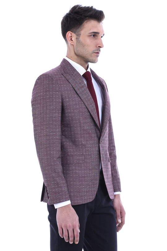 Burgundy Slim Fit Linen Dot Patterned Blazer | Wessi
