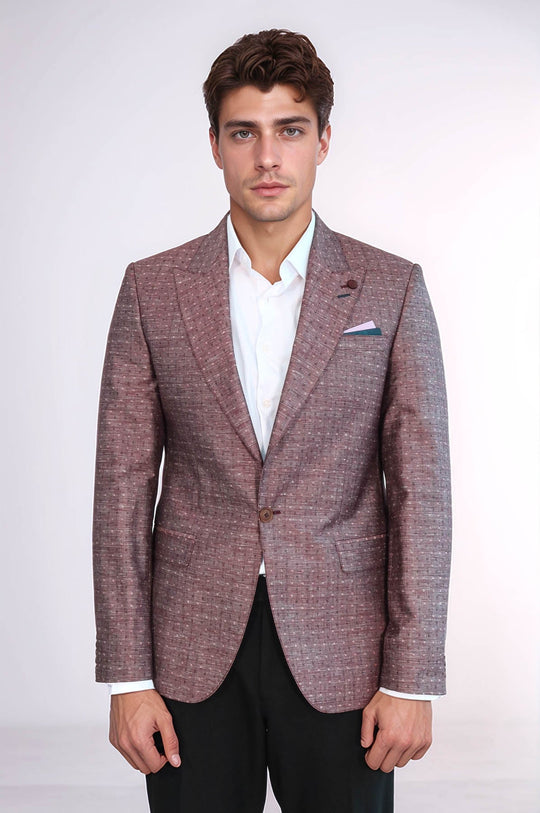 Men’s Burgundy Linen-Blend Micro-Dot Slim Fit Peak Lapel Sport Blazer