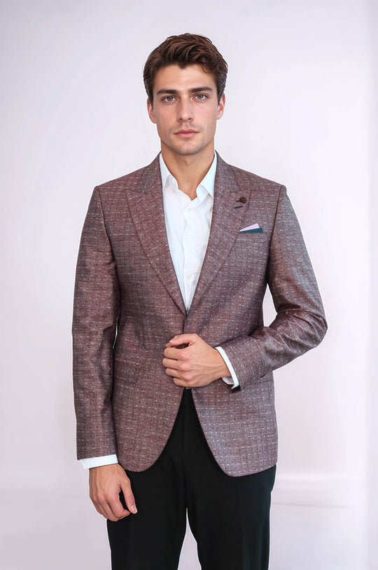 Men’s Burgundy Linen-Blend Micro-Dot Slim Fit Peak Lapel Sport Blazer