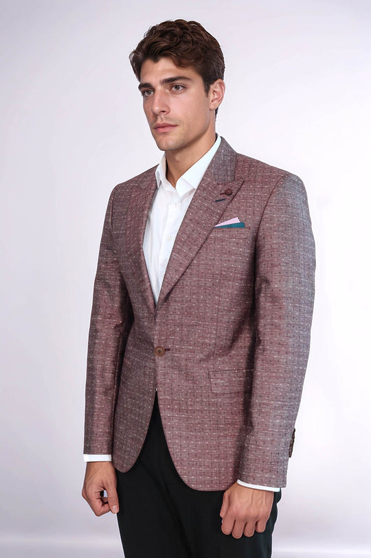 Men’s Burgundy Linen-Blend Micro-Dot Slim Fit Peak Lapel Sport Blazer