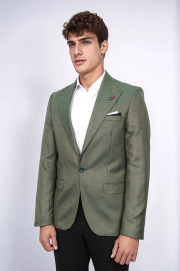 Men’s Moss Green Textured Slim Fit Peak Lapel Half-Lined Sport Blazer