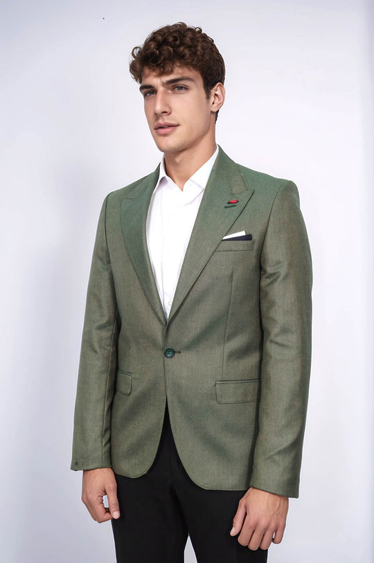 Men’s Moss Green Textured Slim Fit Peak Lapel Half-Lined Sport Blazer
