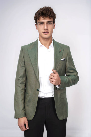 Men’s Moss Green Textured Slim Fit Peak Lapel Half-Lined Sport Blazer