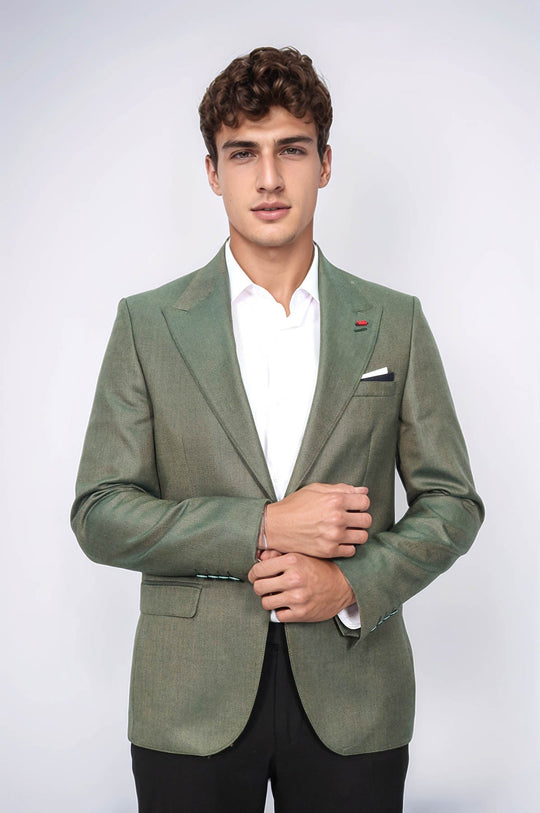 Men’s Moss Green Textured Slim Fit Peak Lapel Half-Lined Sport Blazer