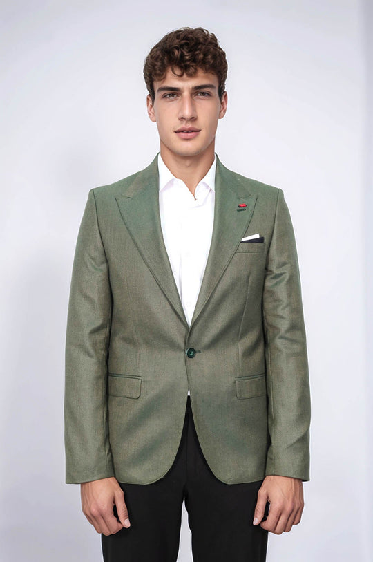 Men’s Moss Green Textured Slim Fit Peak Lapel Half-Lined Sport Blazer