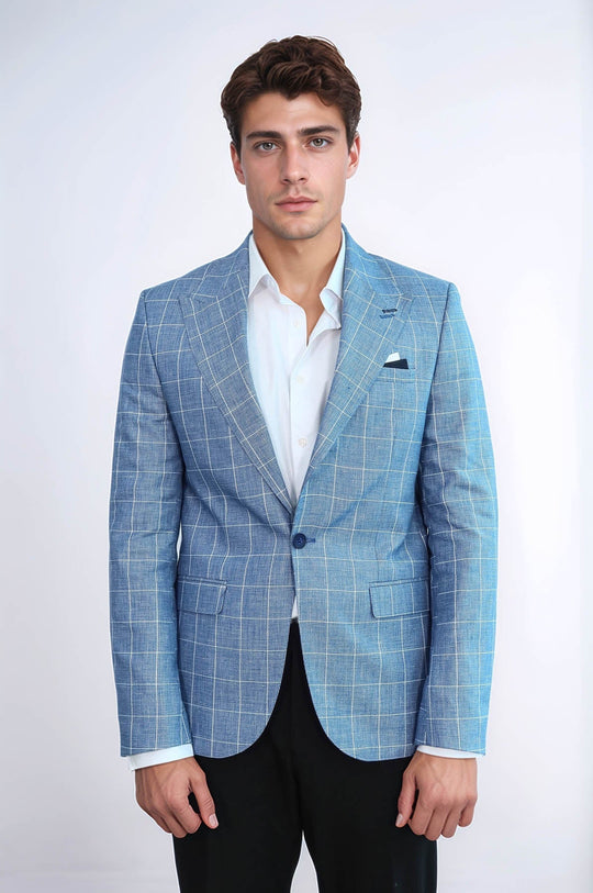 Men’s Vibrant Sax Blue Slim Fit Plaid Wide Peak Lapel Blazer