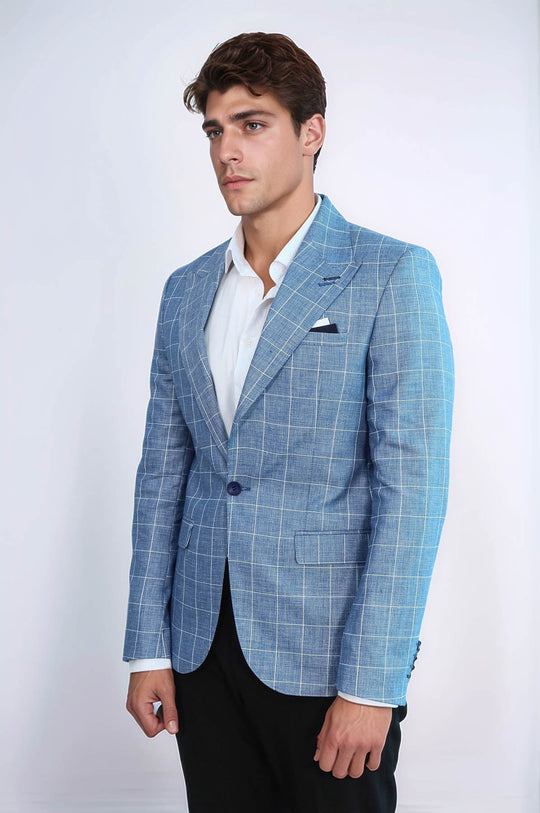 Men’s Vibrant Sax Blue Slim Fit Plaid Wide Peak Lapel Blazer