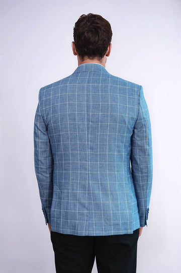 Men’s Vibrant Sax Blue Slim Fit Plaid Wide Peak Lapel Blazer
