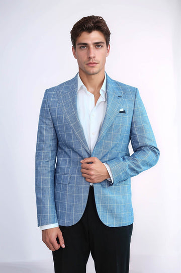 Men’s Vibrant Sax Blue Slim Fit Plaid Wide Peak Lapel Blazer