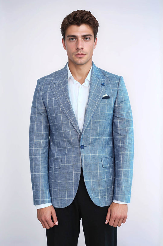 Men’s Royal Blue Plaid Slim Fit Wide Peak Lapel Blazer