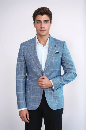 Men’s Royal Blue Plaid Slim Fit Wide Peak Lapel Blazer